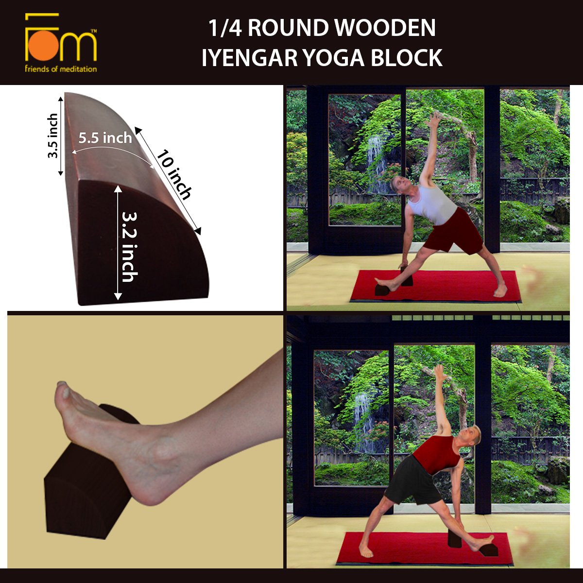 Friends of Meditation ® 1/4 Round Wooden Iyengar Yoga Block