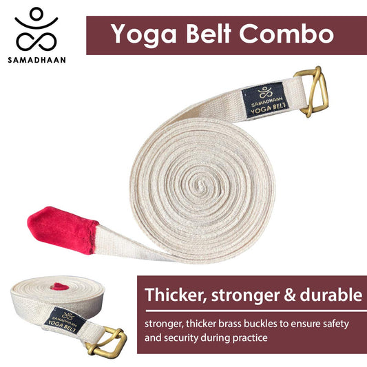 Samadhaan Yoga Strap with Durable Sliding Brass Buckle | Strong & Secure Cotton Yoga Strap | Double Thickness Adjustable Yoga Belt for Daily Stretching, Yoga, Pilates & Fitness (Pack of 2 with BOX)